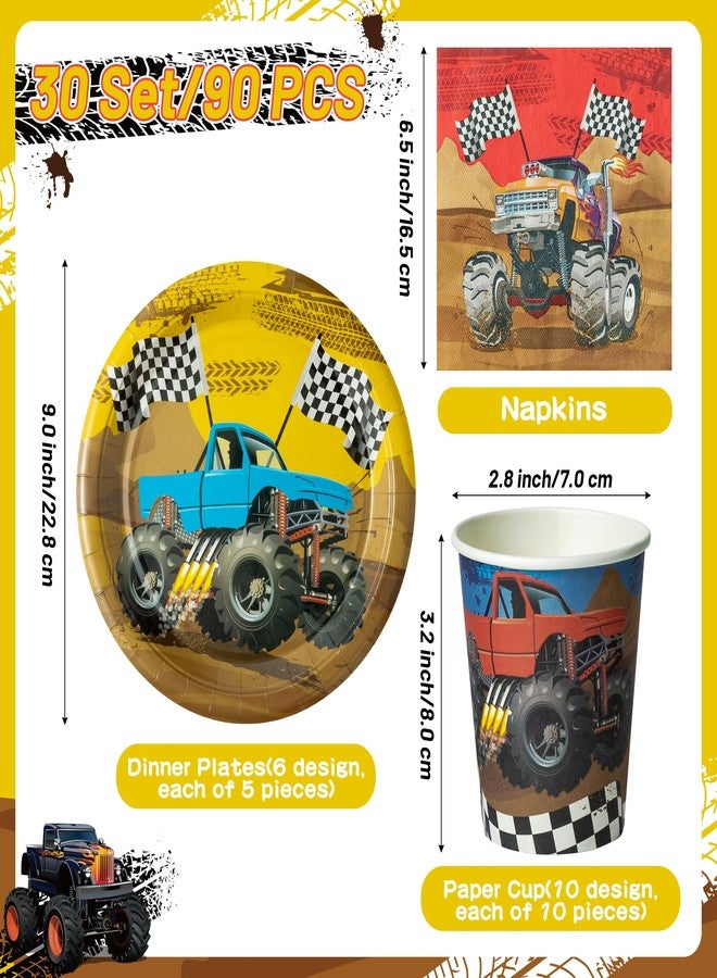 K1tpde Monster Truck Party Tableware - 30set Monster Truck Theme Tablewares Set Included Disposable Checkered Flag Paper Cup Napkins for Boys Happy Birthday Decorations Party Suppliess, 30 Guest - Image 2